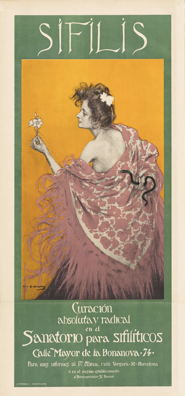A woman representing syphilis; advertising Dr Abreu's sanatorium for syphilitics in Barcelona. Colour collotype by J. Thomas after R. Casas, ca. 1900.