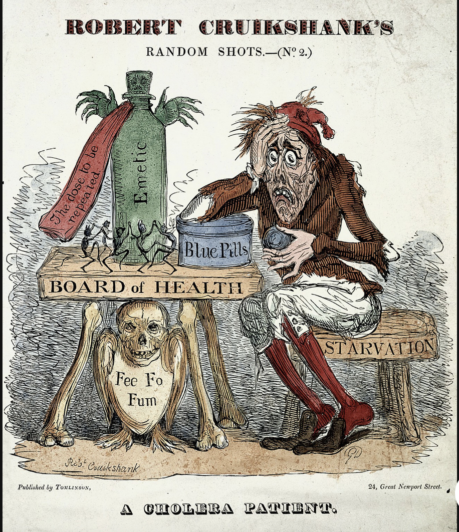 A cholera patient experimenting with remedies. Coloured etching by R.I. Cruikshank, [1832?].
